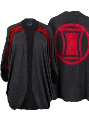 RARE:  Mighty Fine Marvel Black Widow Open Front Flowy Shrug Red Lace Logo Cardi